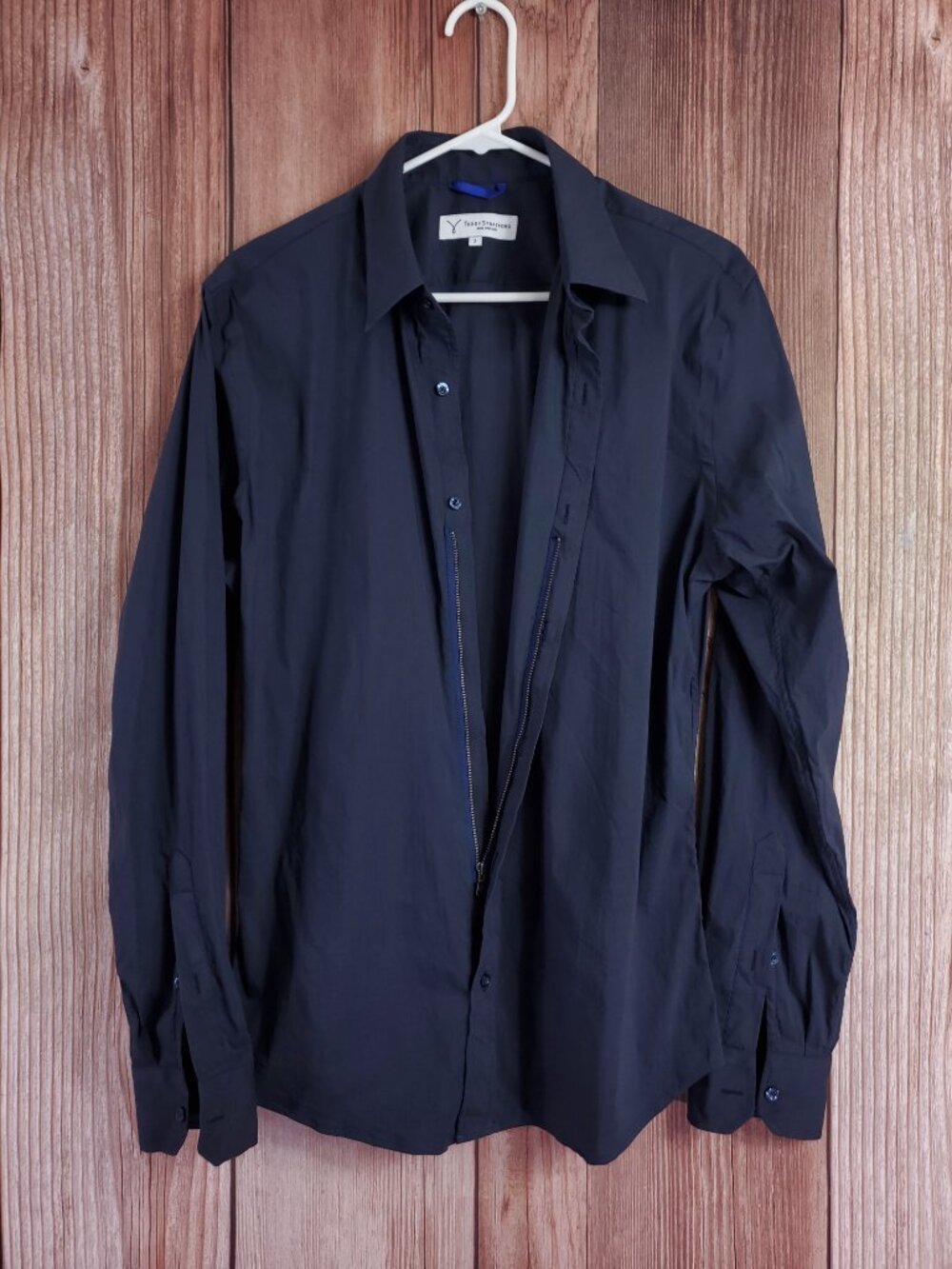 Teddy Stratford Zip Fit Mens 3 M/L Long Sleeve Dress Shirt Navy Solid Fitted